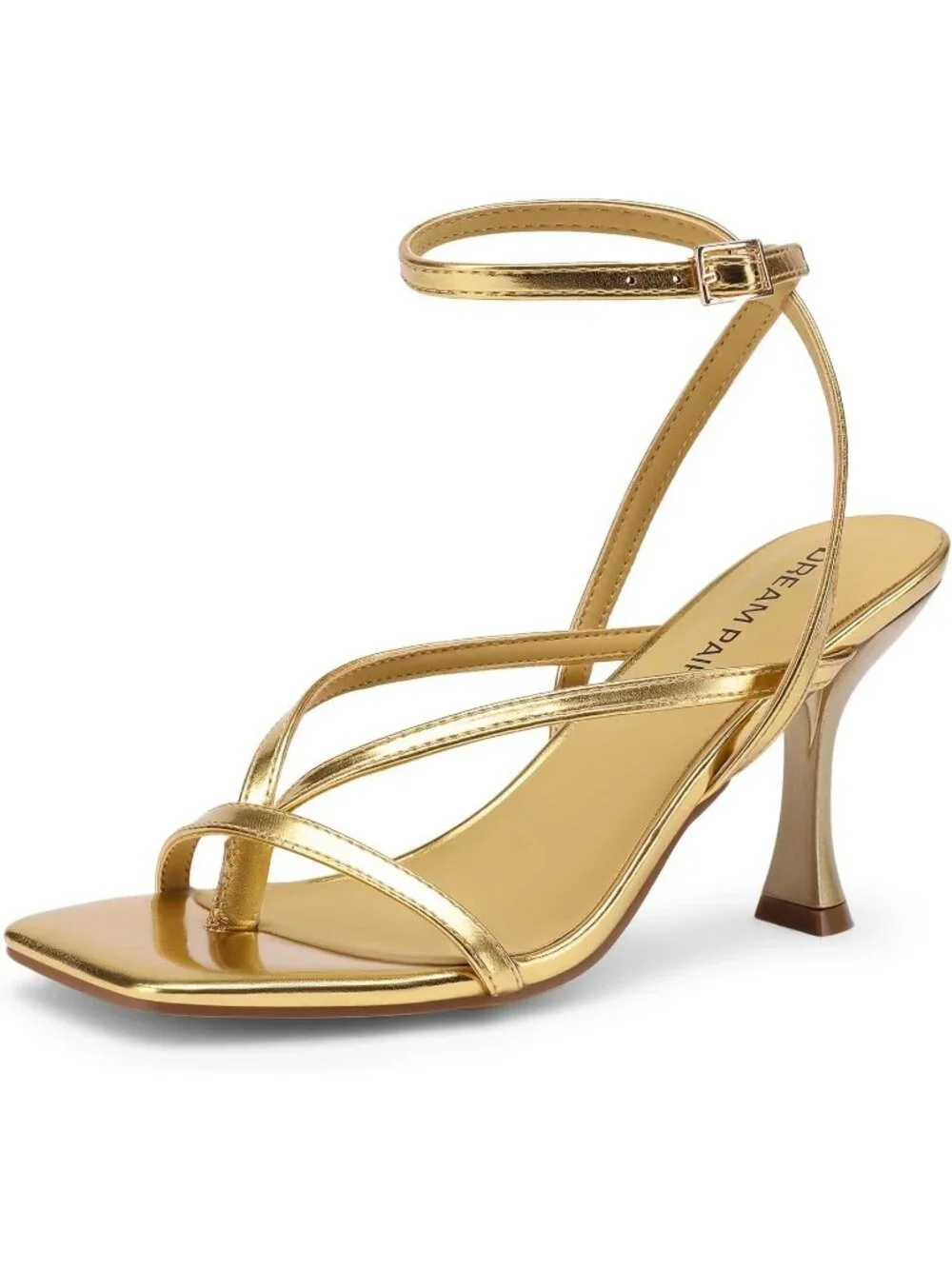 Women's Gold Faux Leather Square Open Toe Flip Flop Ankle Strap High Heels